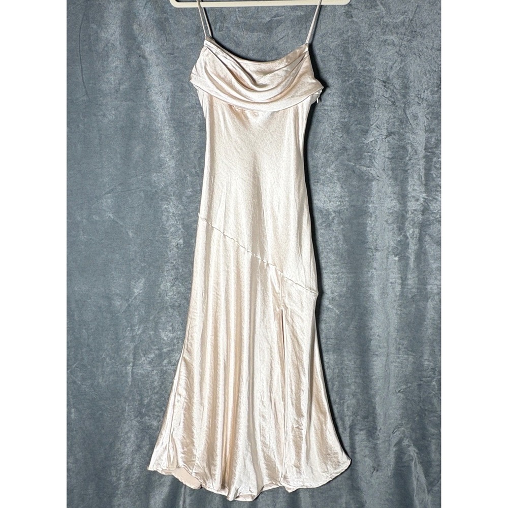 Selfie Leslie Satin Champagne Cowl Neck Maxi Bias Cut Slip Dress 90s Wedding